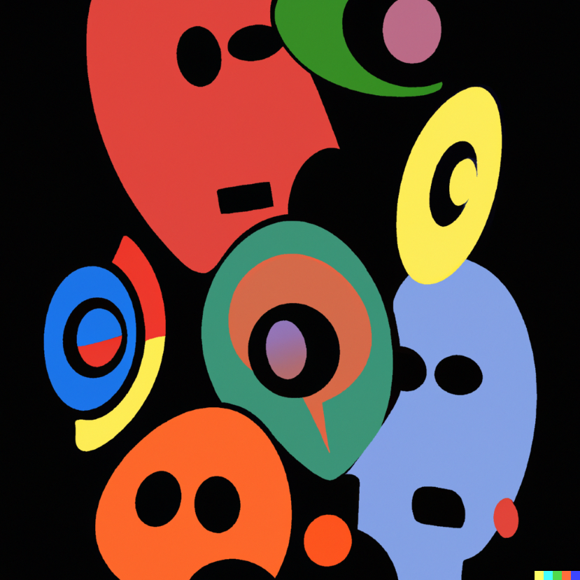 A brightly colored collection of abstract shapes on a black background. The shapes look reminiscent of faces.