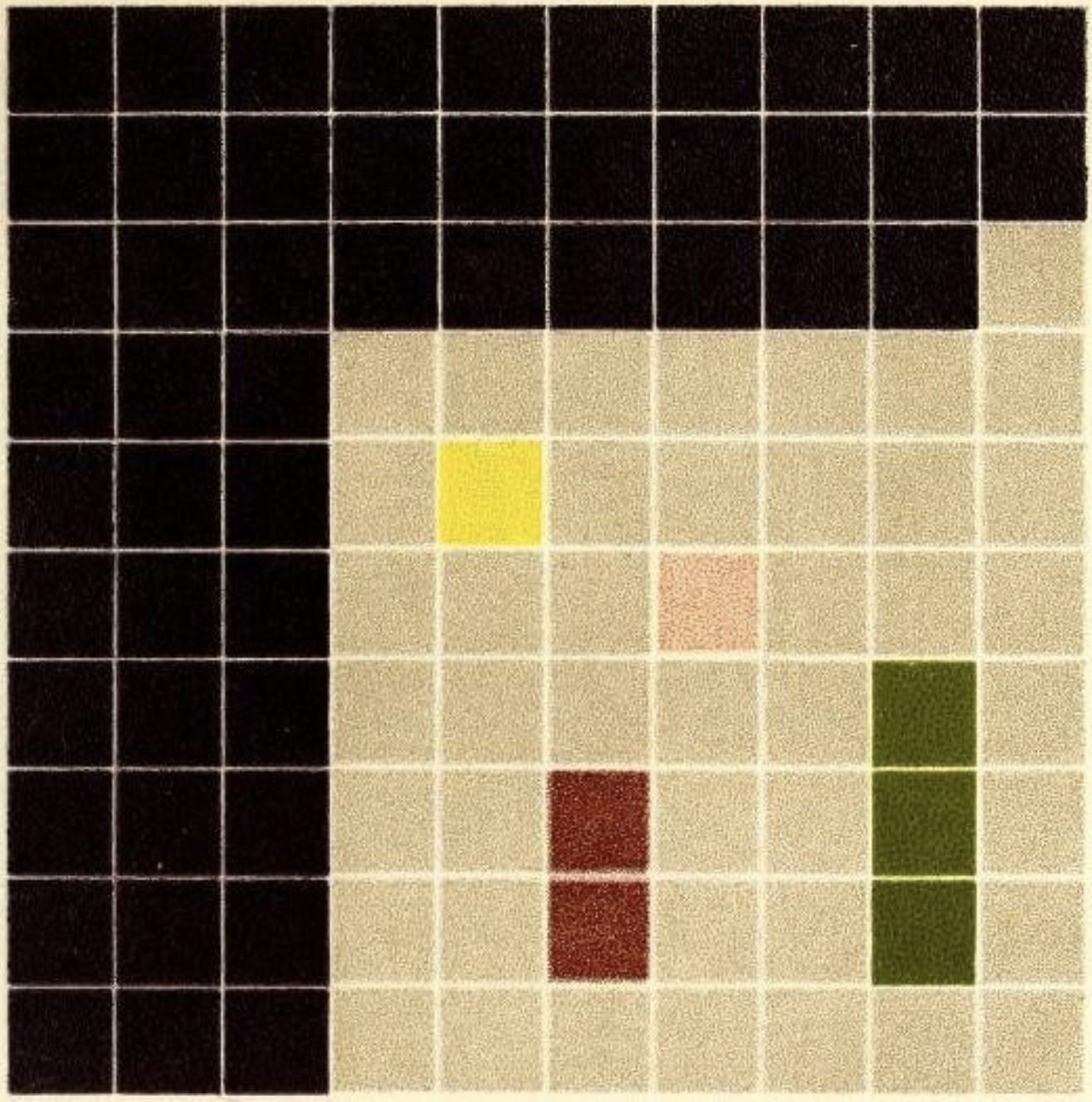 grid of squares mostly beige with spots of color scattters throughout