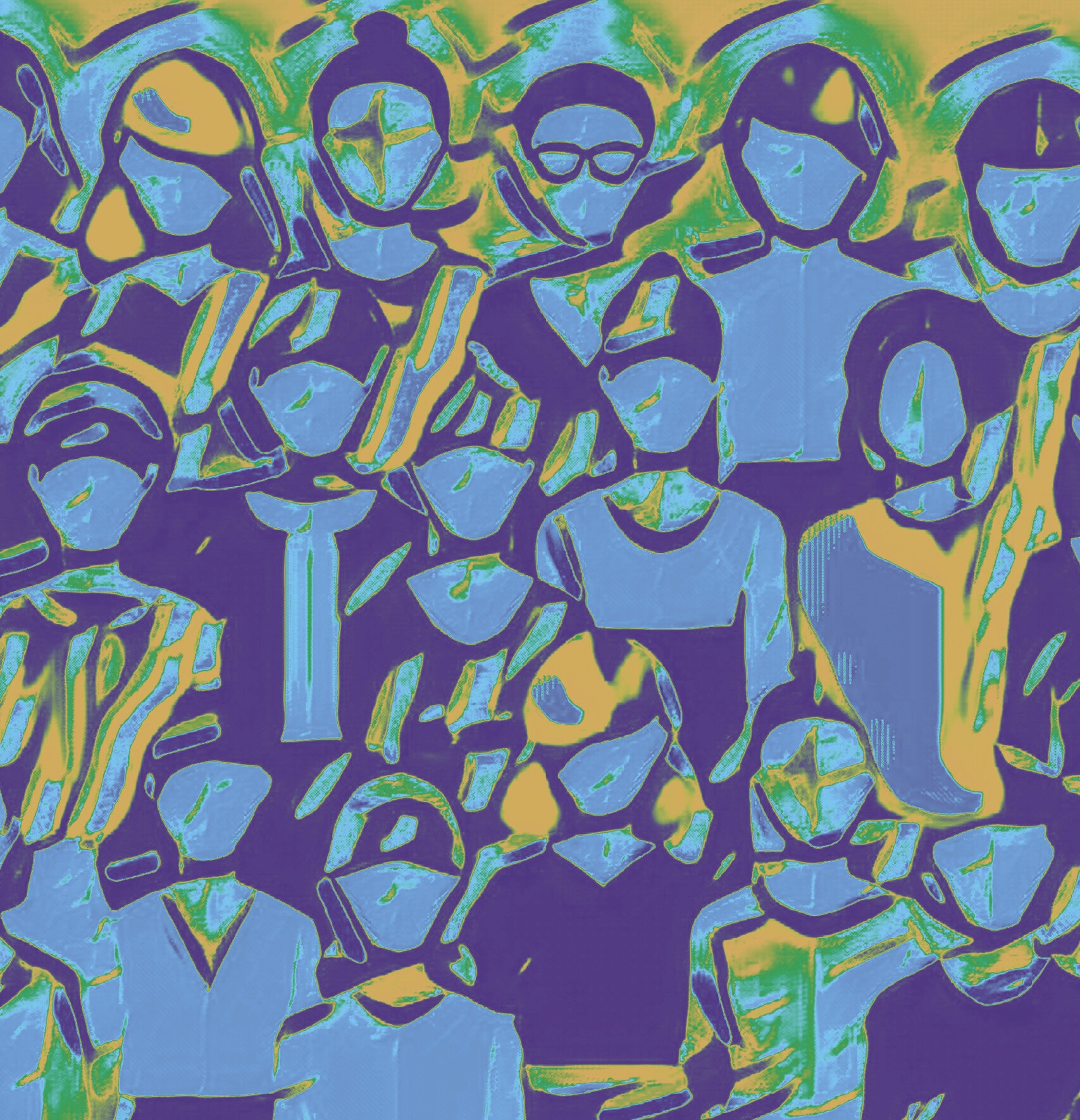abstract group of blue-colored people with gold and green highlights