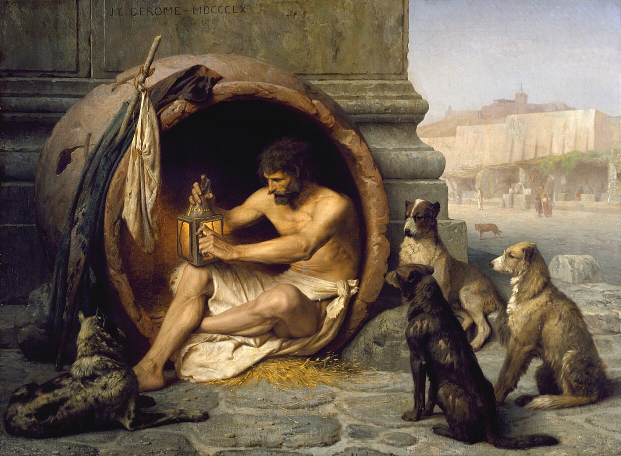 diogenes in a barrel surrounded by dogs