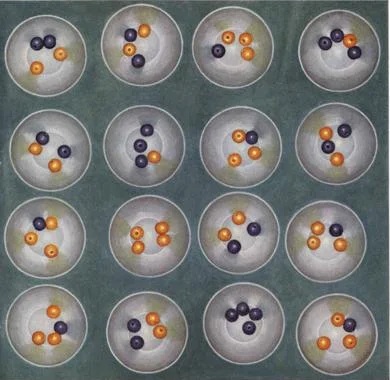 blue and gold beads in cups to illustrate subjective probability