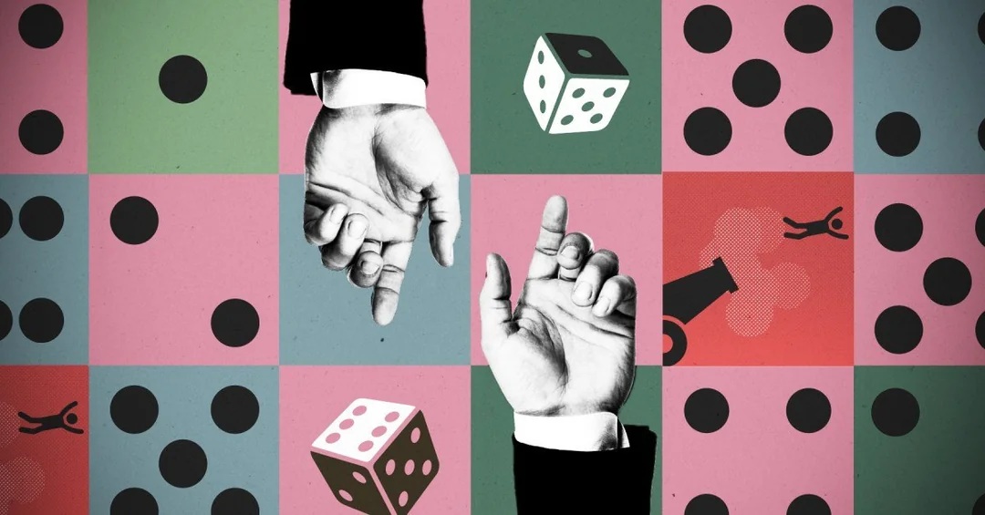 multicolored faces of dice in the background with two hands rolling dice towards each other